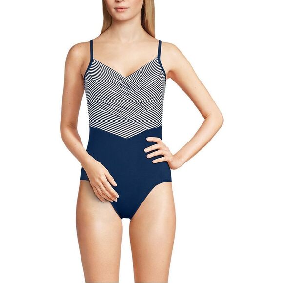 Land's End Plus Size pleated striped slender suit deep sea navy mini stripes Var - Picture 3 of 6